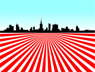 Warsaw skyline prospect on red and white rays - obrazy, fototapety, plakaty