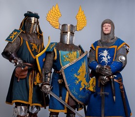 Three medieval knights isolated on grey background.