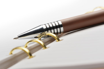 Fototapeta premium Open notebook with copper binding and stylish pen