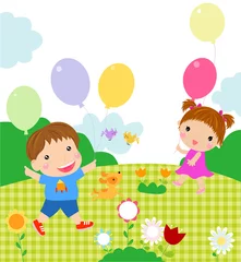 Tuinposter jongen en meisje spelen © suerz