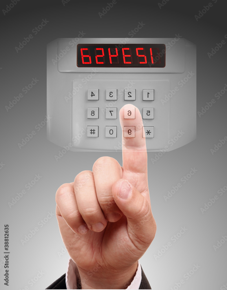 Poster man entering safe or door code