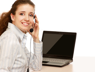 A customer service girl working, side-view