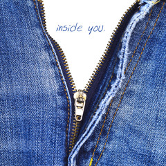 Closeup of zipper in blue jeans