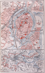 Vintage map of Lubeck from the end of 19th century