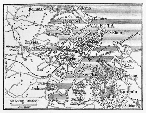 Vintage map of Valletta Capital of Malta