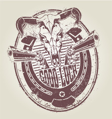 Rubber stamp with a horseshoe revolvers and a skull of a bull