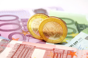 Close-up of Euro banknotes  and coins