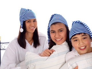 kids in nightgowns and sleeping caps - obrazy, fototapety, plakaty
