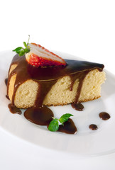 A piece of sponge cake with chocolate sauce on a white plate.