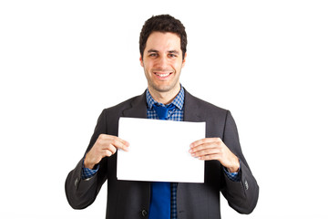 Businessman holding a white sheet