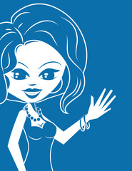 Woman waving.  Monochromatic blue and white.