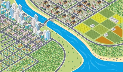 Fotobehang Stratenplan Kleurrijke cartoon isometrische stad