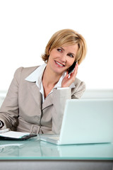 Blonde woman with telephone and computer