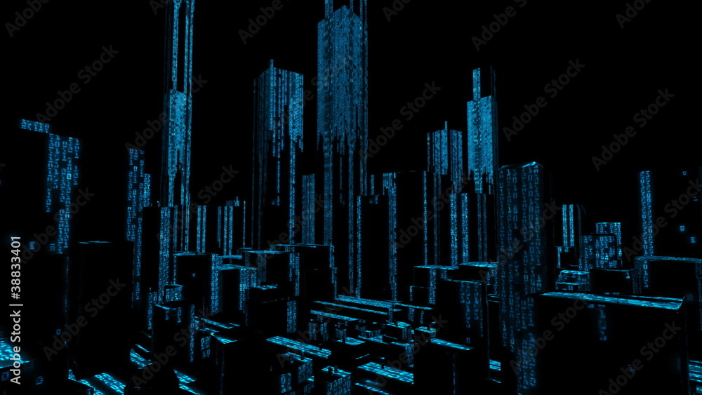 Poster binary computer data city skyline