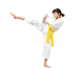 little girl in a kimono with a yellow sash