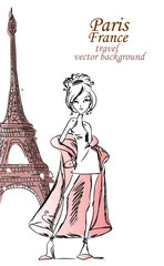 Fototapeta na wymiar Dziewczyna cartoon Moda Podróże świat, tło wektor