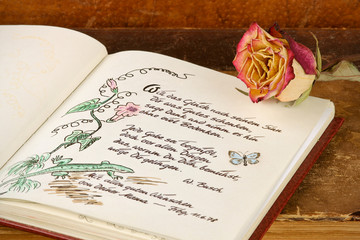 Poesiealbum mit altem Buch und Rose
