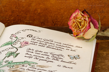 Poesiealbum mit getrockneter Rose