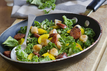 Scallops, chorizo and kale