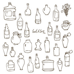 Set from hand-drawn wine beer water glass bottles