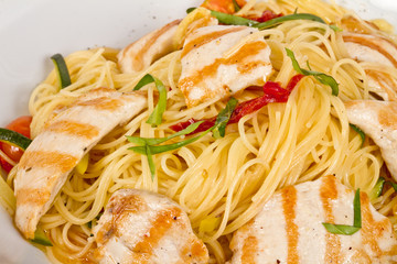 close-up of plate of pasta and chicken