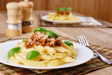 Pasta rigatoni on the white plate
