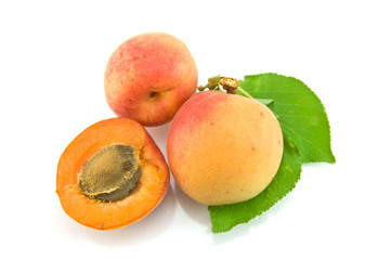 Apricots with leaves on a white background