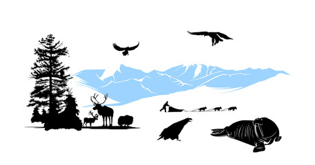Reservation with winter animals on the snow mountains background