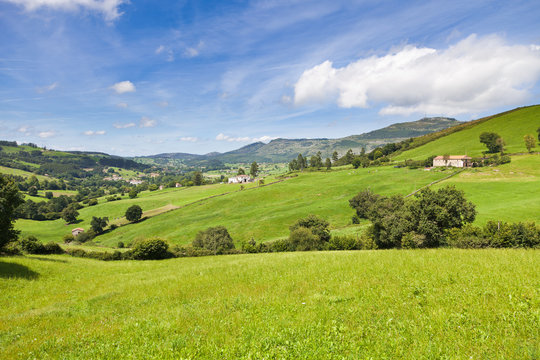 Cantabria landscape, great valley with little towns and farms