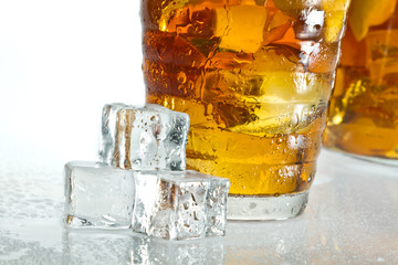 Closeup ice tea with dewdrop on cubes