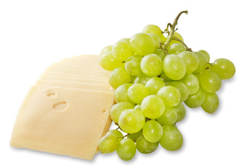 Cheese and grapes on a white background