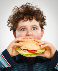 Boy eating big sandwich