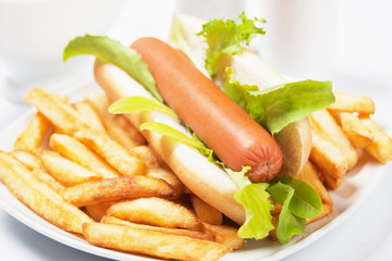 Hot dog with lettuce and french fries