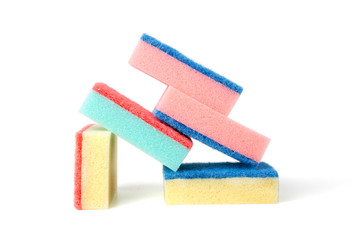 Colourful tower of kitchen scourers.