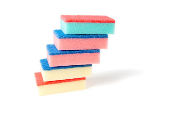 Colourful tower of kitchen scourers.