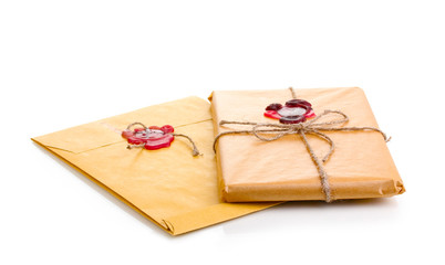 Parcel and envelope with sealing wax isolated on white