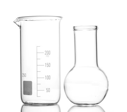 Empty flask and beacker with reflection isolated on white