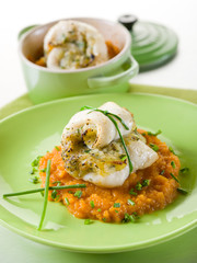 cod fillet stuffed with herbs over mashed carrot,heatlhy food