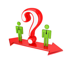 3d small people on a red double-sided arrow.