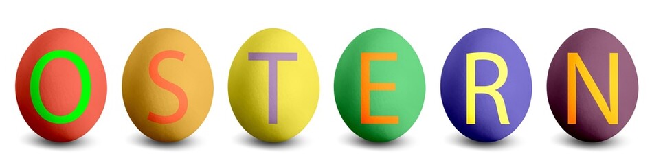 sechs Ostereier mit Schriftzug Ostern