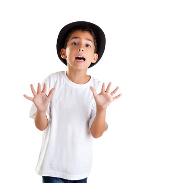 boy gesture with black hat isolated on white