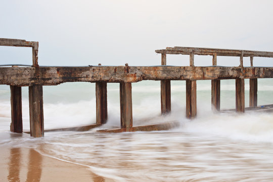 Destruction Of Bridge In Sea Coast