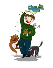 Cartoon man with animals