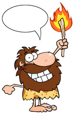 Happy Caveman Holding Up A Torch With Speech Bubble
