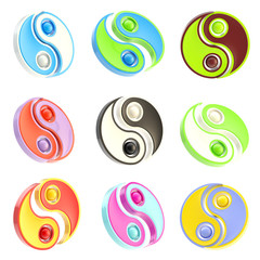 Set of nine Yin-Yang signs isolated on white