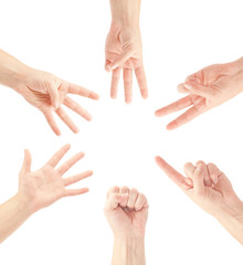 Counting man hands (0 to 5) isolated on white background