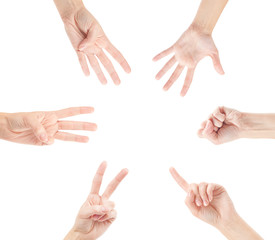 Counting woman hands (0 to 5) isolated on white background