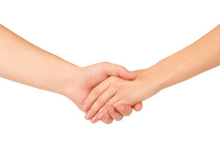 Shaking hands of two people, man and woman, isolated on white.