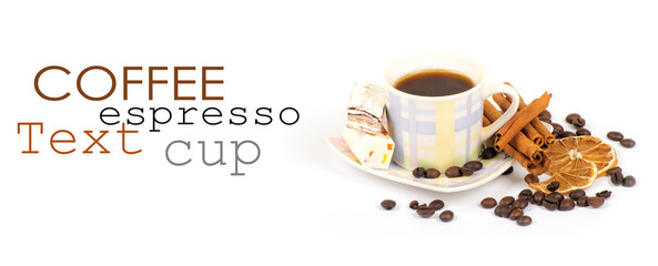 Cup of coffee with ingredients on a white background