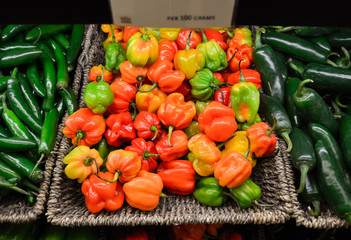 Habanero peppers on display in supermarket
